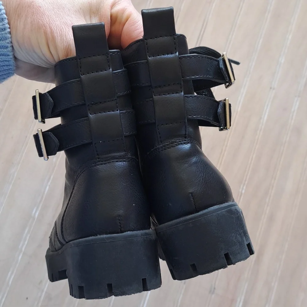 BCBG Girl Adrianna Combat Double Buckle Lace Side Zip Chunky Ankle Boots